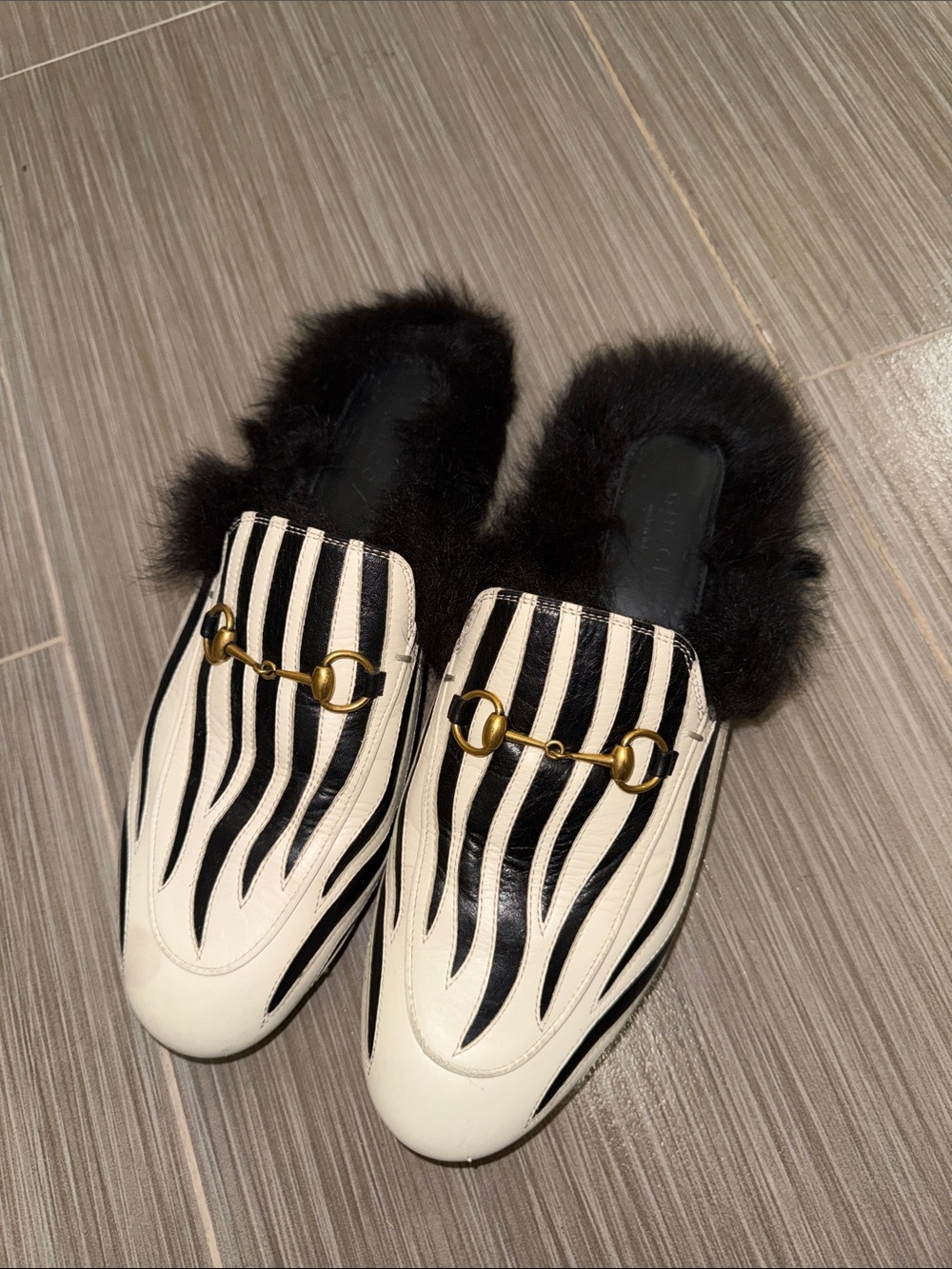 GUCCI 'Princetown' Fur Horsebit Mules Black White Zebra 40